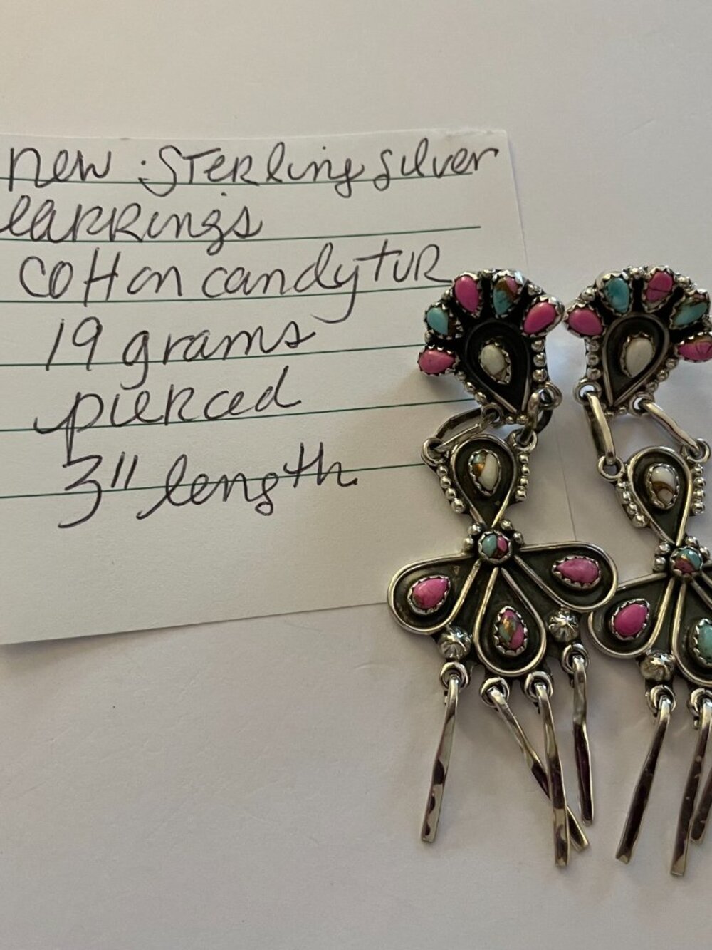 NEW Sterling Silver Earrings Native Inspired Cotton Candy Turquoise 19 grams - Picture 10 of 10